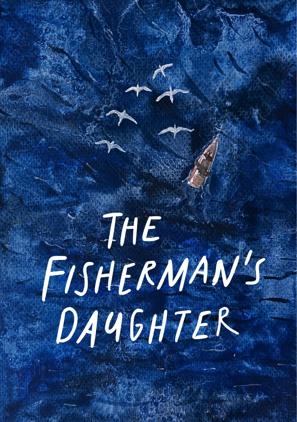 The Fisherman&rsquo;s Daughter book cover, a watercolour of a small boat and gulls on a deep blue sea